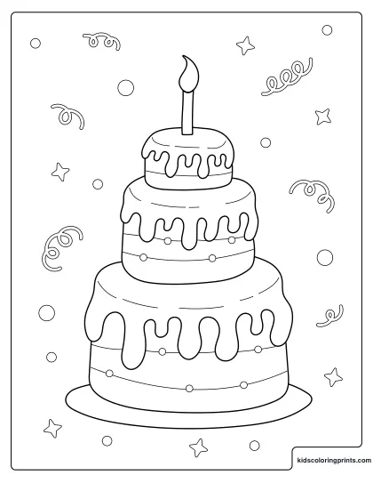 Birthday Coloring Page Showing A Tall Layered Cake With Dripping Icing And A Candle.