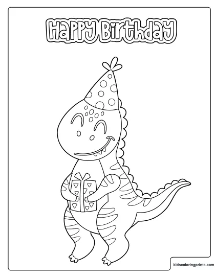 Birthday Dinosaur Coloring Page With A Party Hat And Wrapped Gift