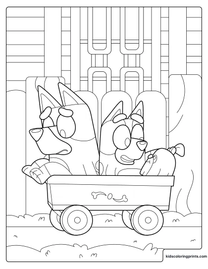 Bluey And Bingo Coloring Page Riding Together In A Cart