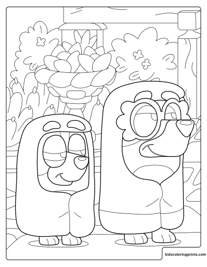 Bluey And Bingo Coloring Page Wrapped In Blankets Together