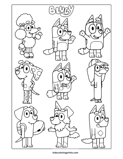 Bluey Characters Coloring Page Featuring A 3X3 Grid Of Characters From The Show, Ready To Be Filled With Color.