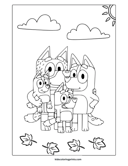 Bluey Family Coloring Page With Four Cartoon Animals Under Clouds And A Partial Sun.