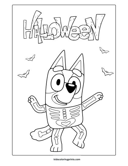 Bluey Coloring Page With Bluey Dressed For Halloween And Bats Flying In The Background, Fun For Festive Coloring.