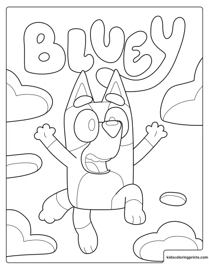 Bluey Coloring Page Jumping Among Clouds With His Name Above