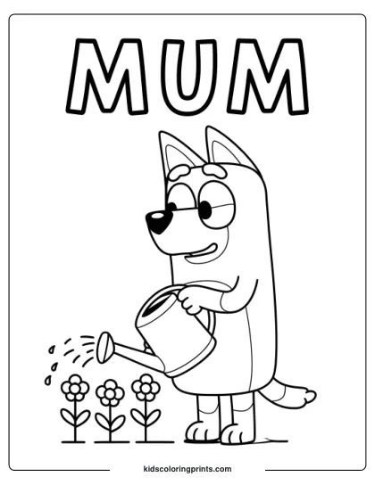 A Long-Haired Animated Female Character With Large Eyes, Holding Hands With A Small, Cartoonish Dog. The Dog Has A Rectangular Body, Big Eyes, And A Surprised Expression. They Appear To Be In A Close Interaction, With The Female Character Gently Holding The Dog's Paws. This Sweet Bluey Coloring Page Celebrates The Bond Between Bluey And Her Mum.