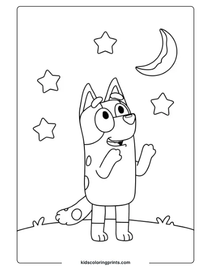 Bluey Stargazing Under A Crescent Moon And Stars On This Dreamy Coloring Page.