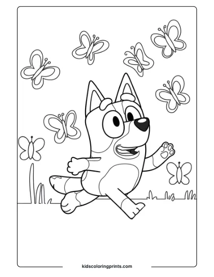 Bluey Chasing Butterflies With Flowers And Grass In This Fun Outdoor Coloring Page.