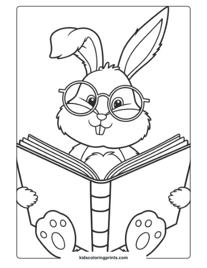 Coloring Page Of A Bunny Reading A Book With Round Glasses, Creating A Cozy, Studious Scene.