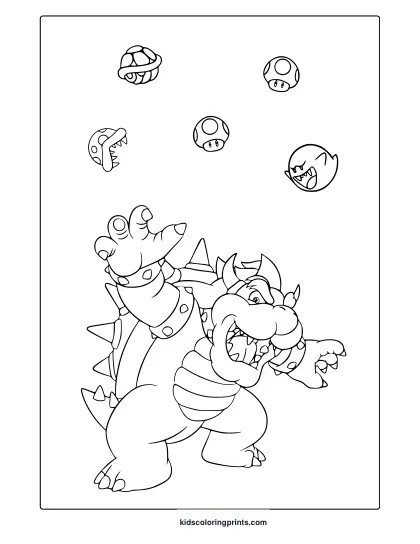 Coloring Page With Bowser In A Strong Pose And Floating Mario-Themed Items Around Him.
