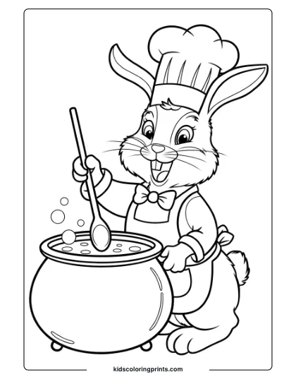 Coloring Page Of A Bunny Chef Stirring A Cauldron, Perfect For Creative, Imaginative Kitchen Fun.