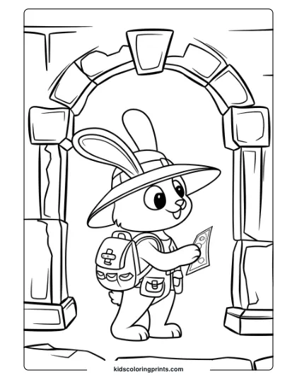 Coloring Page Of A Bunny Exploring Ancient Ruins, Perfect For Imaginative Adventure Coloring.