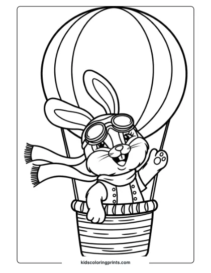 Coloring Page Of A Bunny Pilot In A Hot Air Balloon, Creating A Whimsical, Adventurous Scene.