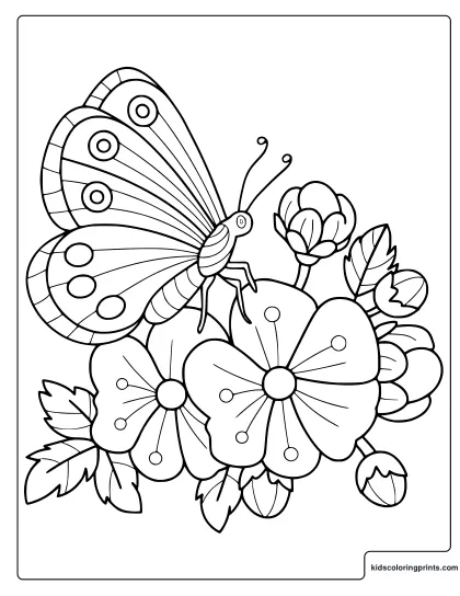 Butterfly And Flower Coloring Page With A Butterfly Above Blooming Flowers
