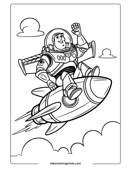 A Buzz Lightyear Coloring Page Showing Him Riding A Rocket Through A Cloudy Sky, Waving In His Space Suit.