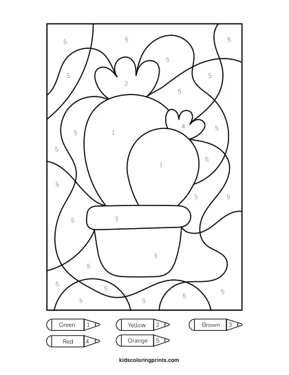 Cactus Color By Number Coloring Page Featuring A Tall Green Cactus With Red Flowers In A Brown Pot On Orange Ground.