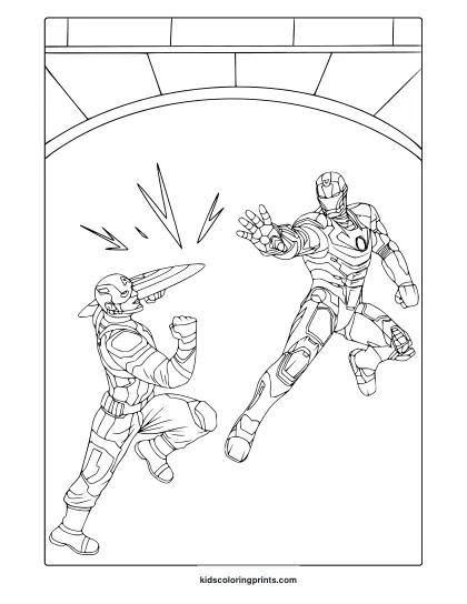Captain America Civil War Coloring Page With Two Heroes In Dynamic Combat Pose Under Arched Structure.