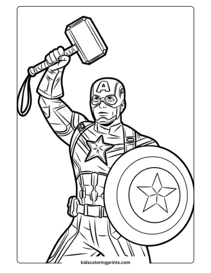 Captain America Endgame Coloring Page Featuring The Superhero Holding Mjolnir And His Shield In A Powerful Pose.