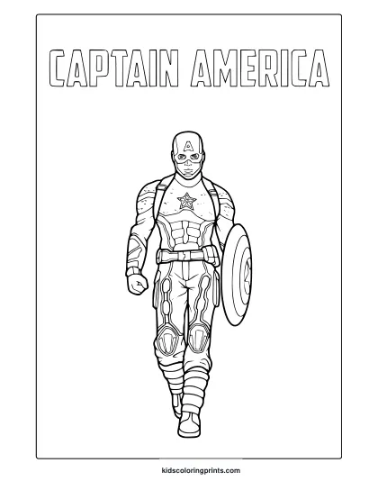 Captain America Coloring Page In Iconic Walking Stance With Shield And Bold Text Above The Figure.