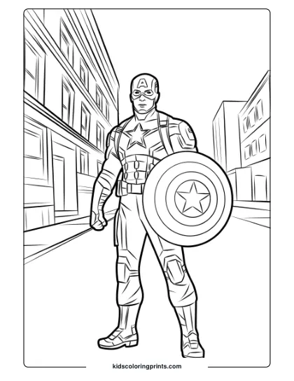 Captain America Coloring Page Featuring The Superhero In An Urban Setting With His Iconic Shield.