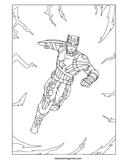 Captain America Coloring Page In Action Pose With Shield, Costume Details, And Dynamic Energy Lines.