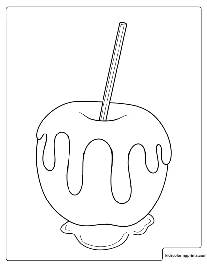 Caramel Apple Coloring Page With Stick And Dripping Coating.