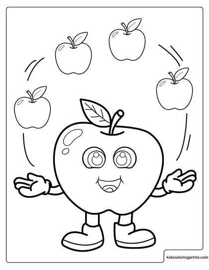 Cartoon Apple Coloring Page Juggling Apples In The Air.