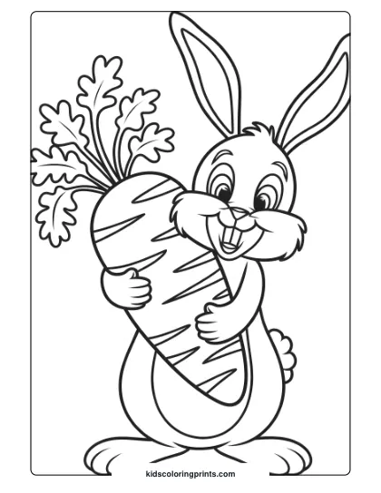 Coloring Page Of A Bunny Holding A Giant Carrot, Creating A Lively, Fun Image Perfect For Coloring.