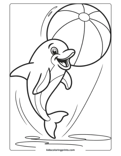 A Cartoon Dolphin Playing With A Rainbow Beach Ball, Adding Fun To A Vibrant Coloring Page.