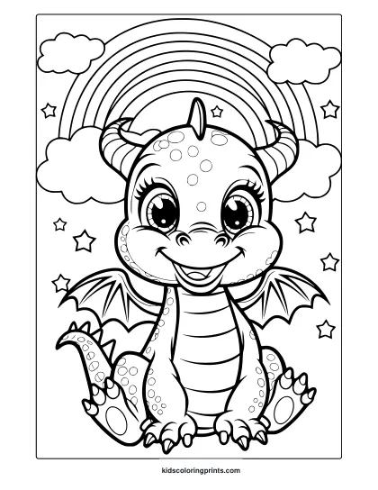 A Cartoon Dragon Coloring Page With A Cute Dragon, Fluffy Clouds, And A Magical Rainbow In The Sky.