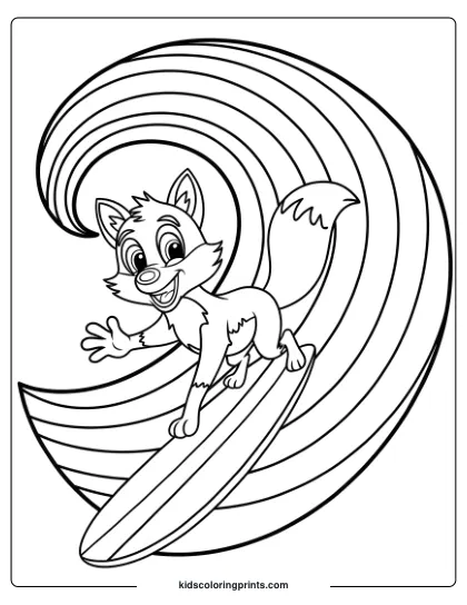 Fox Coloring Page Featuring A Cartoon Fox Surfing A Rainbow Wave, Creating An Adventurous And Colorful Theme.