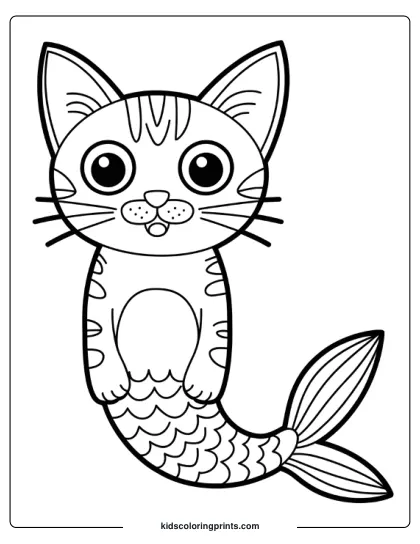 Cat Mermaid Sitting Upright With A Bow And A Curled Tail In This Cute Black And White Coloring Page.
