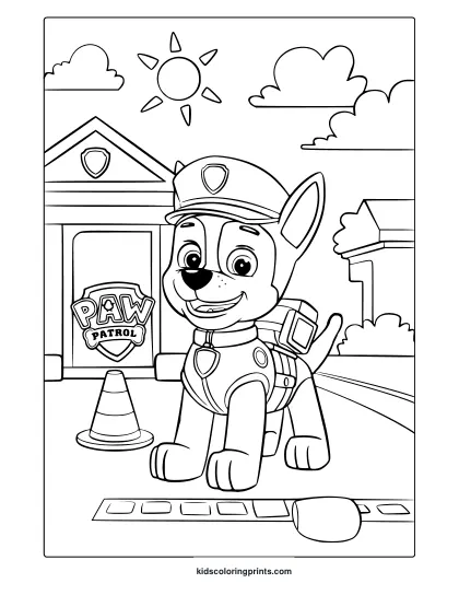 Chase From Paw Patrol Coloring Page At Police Station With Sun, Clouds, And Traffic Cone Details.