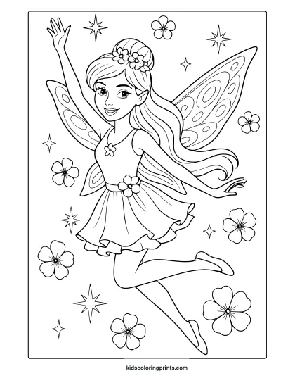 Cheerful Fairy Coloring Page With Circular Wings And Cherry Blossoms.