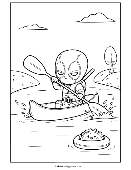 Chibi Deadpool Coloring Page With The Superhero In A Kayak And A Smiling Taco, Ideal For Cute And Fun Coloring Activities.
