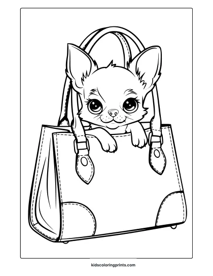 A Chihuahua Puppy Inside A Handbag. A Fashionable And Fun Chihuahua Puppy Coloring Page For Dog Lovers.
