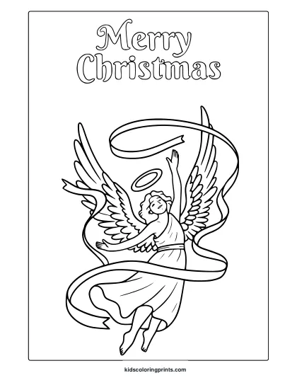 Christmas Angel Coloring Page With Halo, Flowing Dress, And Merry Christmas Text.