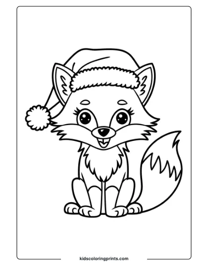 Fox Coloring Page Of A Christmas Fox Wearing A Santa Hat, With A Cheerful Expression, Ideal For Holiday-Themed Coloring.