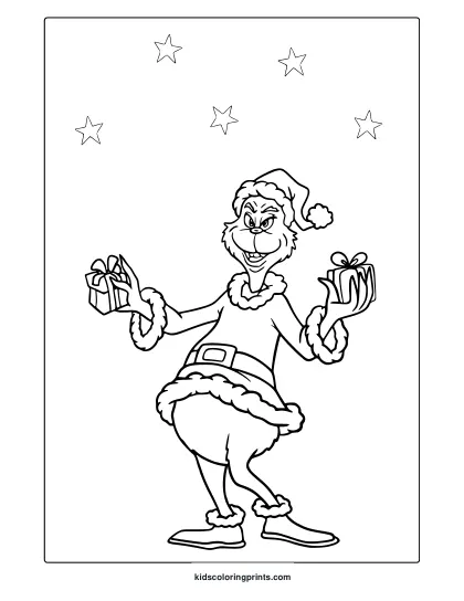 Christmas Grinch Coloring Page With Santa Outfit, Gifts, And Stars In Background.