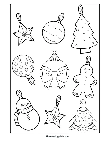 Christmas Ornaments Coloring Page With Stars, Trees, Snowman, And Gingerbread Man.