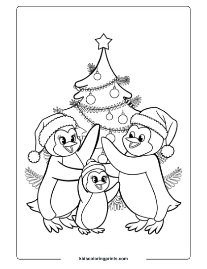 A Family Of Penguins With A Christmas Tree, A Heartwarming Holiday Coloring Page.