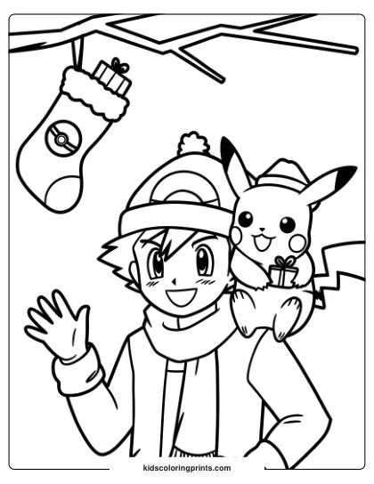 A Festive Pokemon Coloring Page With Ash And Pikachu Enjoying Christmas, Perfect For Creative Holiday Fun!