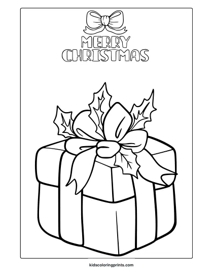 Christmas Present Coloring Page With Holly Leaves, Ribbon, And Merry Christmas Text.
