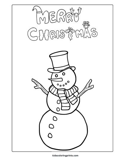 Christmas Snowman Coloring Page With Striped Scarf, Top Hat, And Merry Christmas Text.
