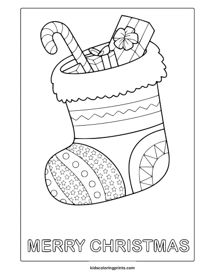 Christmas Stocking With Presents Coloring Page Featuring Bow, Candy Cane, And Festive Text.
