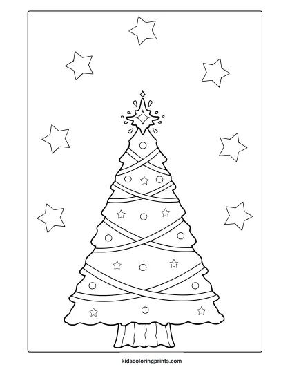 Christmas Tree Coloring Page With Ornaments, Spiral Designs, And Star Topper.