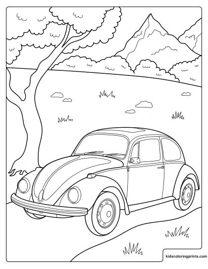 Car Coloring Page With A Vintage Car Parked Near Trees And Mountains.