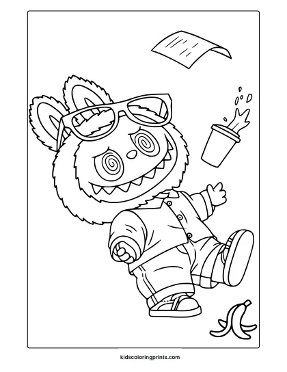 Labubu Tripping Over A Banana Peel With Energetic Details In This Fun-Filled Coloring Page.