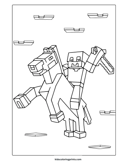 Minecraft Steve Riding Horse Coloring Page With Floating Platforms And Pixelated Block Art For Coloring Fun.