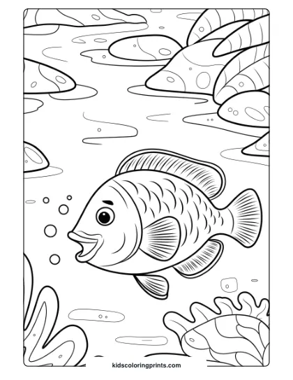 A Playful Fish In A Hidden Lagoon With Bubbles Adds An Enchanting Touch To This Underwater Coloring Page.