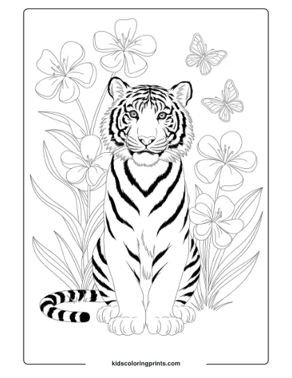 Springtime Tiger Coloring Page With A Tiger Among Flowers And Butterflies, With A Serene Expression.